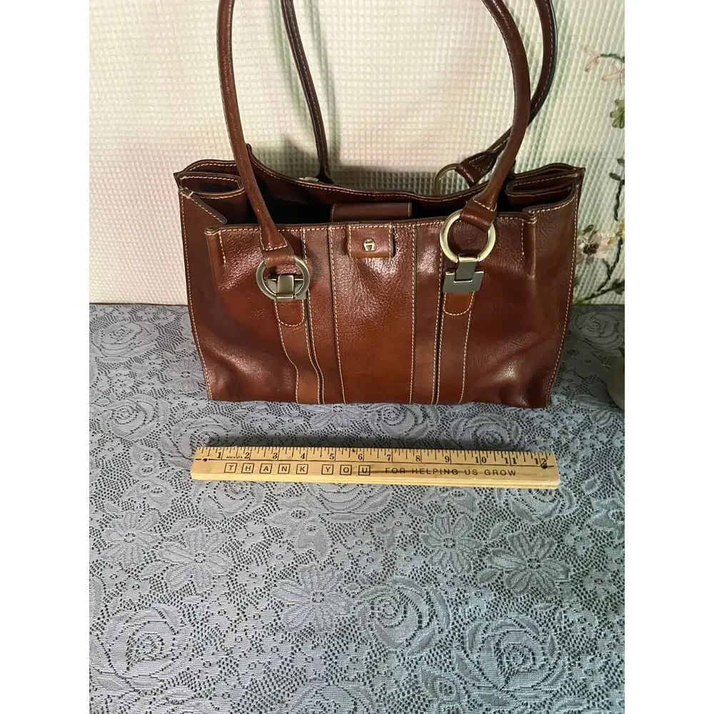 Etienne Aigner Brown Genuine Leather Satchel Handbag Double Handle Gold